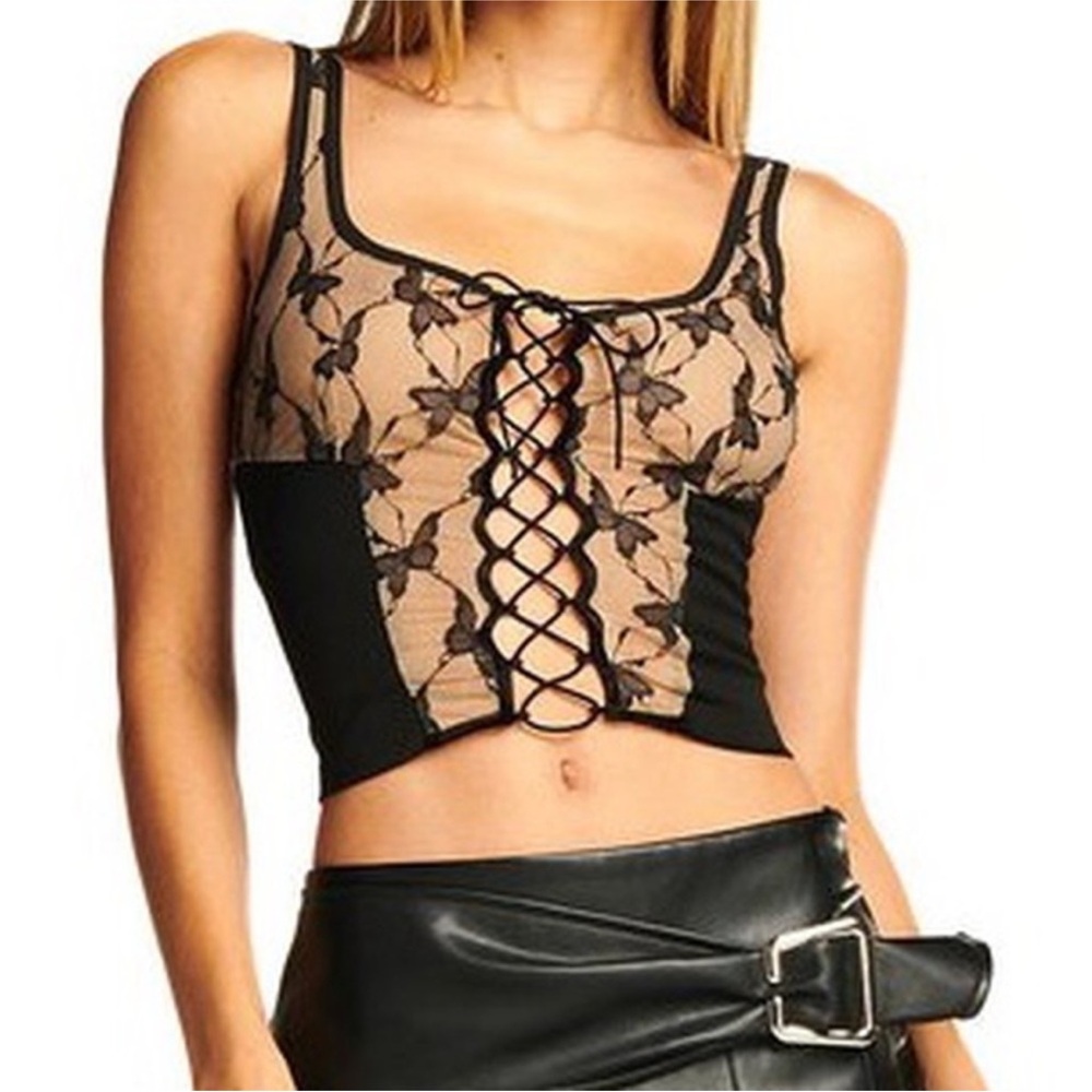 Lace-Up Black and Nude Crop Top